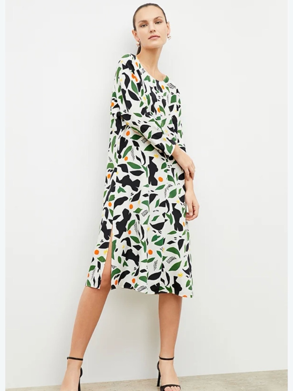 MM Lafleur Alesia silk White Midi Dress multicolor Leaf Print small